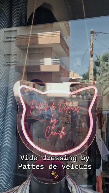 L'enseigne lumineuse en forme de chat « Pattes de Velours by Camille » dans la vitrine
